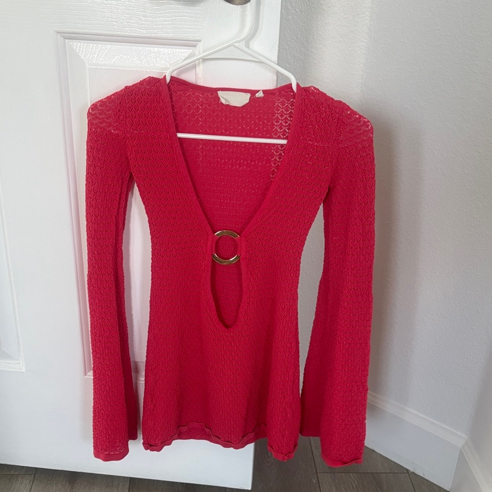 Monday Swimwear Red Crochet Long Sleeve Swim Coverup with Gold Ring